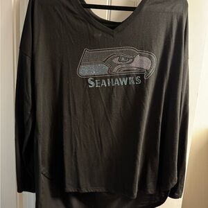 Bedazzled Seahawks Women's Black V-Neck Top